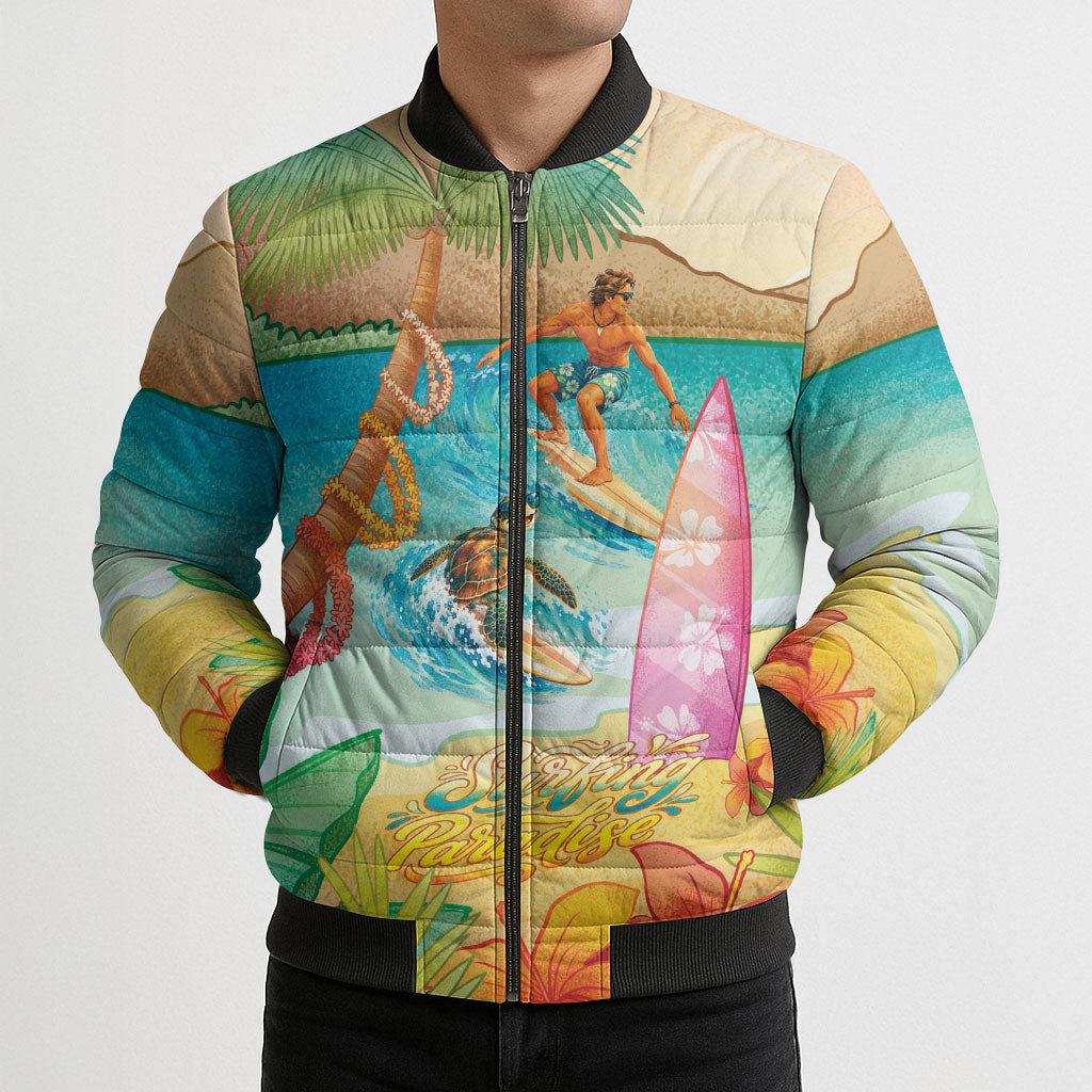 Surfing Paradise Hawaii Bomber Puffer Jacket Tropical Flowers Beachy Vibes LT14 - Polynesian Pride