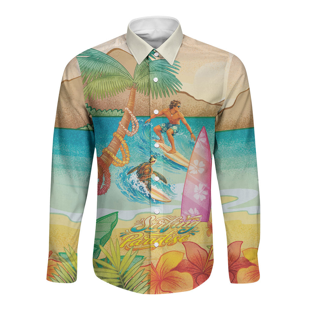 Surfing Paradise Hawaii Long Sleeve Button Shirt Tropical Flowers Beachy Vibes