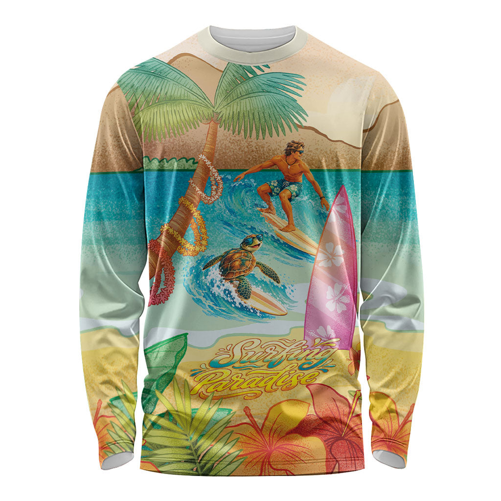 Surfing Paradise Hawaii Long Sleeve Shirt Tropical Flowers Beachy Vibes