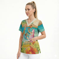 Surfing Paradise Hawaii Scrub Top Tropical Flowers Beachy Vibes LT14 - Polynesian Pride
