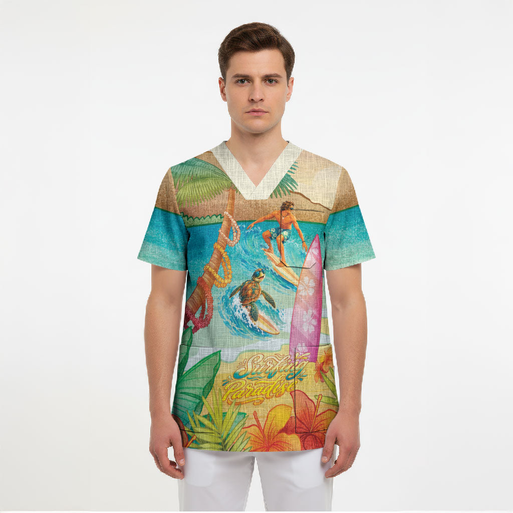 Surfing Paradise Hawaii Scrub Top Tropical Flowers Beachy Vibes LT14 - Polynesian Pride