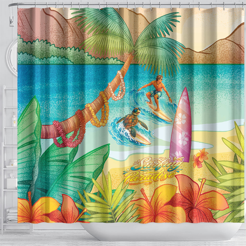 Surfing Paradise Hawaii Shower Curtain Tropical Flowers Beachy Vibes LT14 - Polynesian Pride