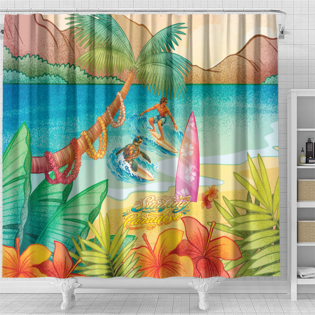 Surfing Paradise Hawaii Shower Curtain Tropical Flowers Beachy Vibes LT14 - Polynesian Pride