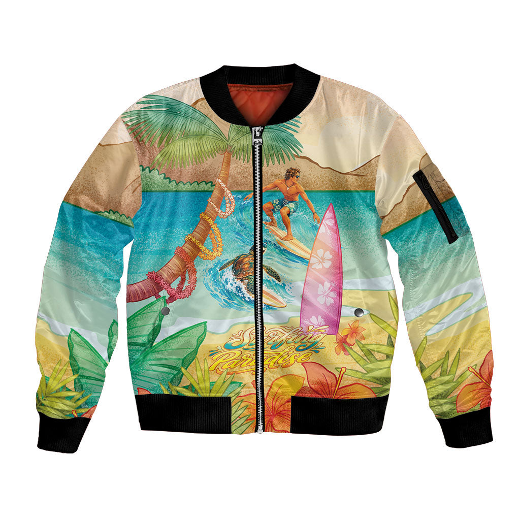 Surfing Paradise Hawaii Sleeve Zip Bomber Jacket Tropical Flowers Beachy Vibes LT14 Unisex Multicolor - Polynesian Pride