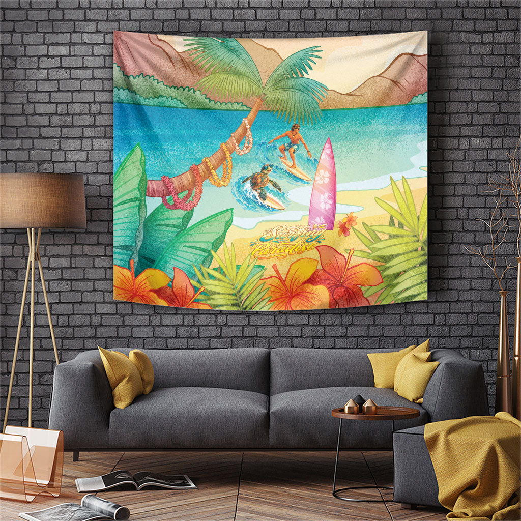 Surfing Paradise Hawaii Tapestry Tropical Flowers Beachy Vibes LT14 Multicolor - Polynesian Pride