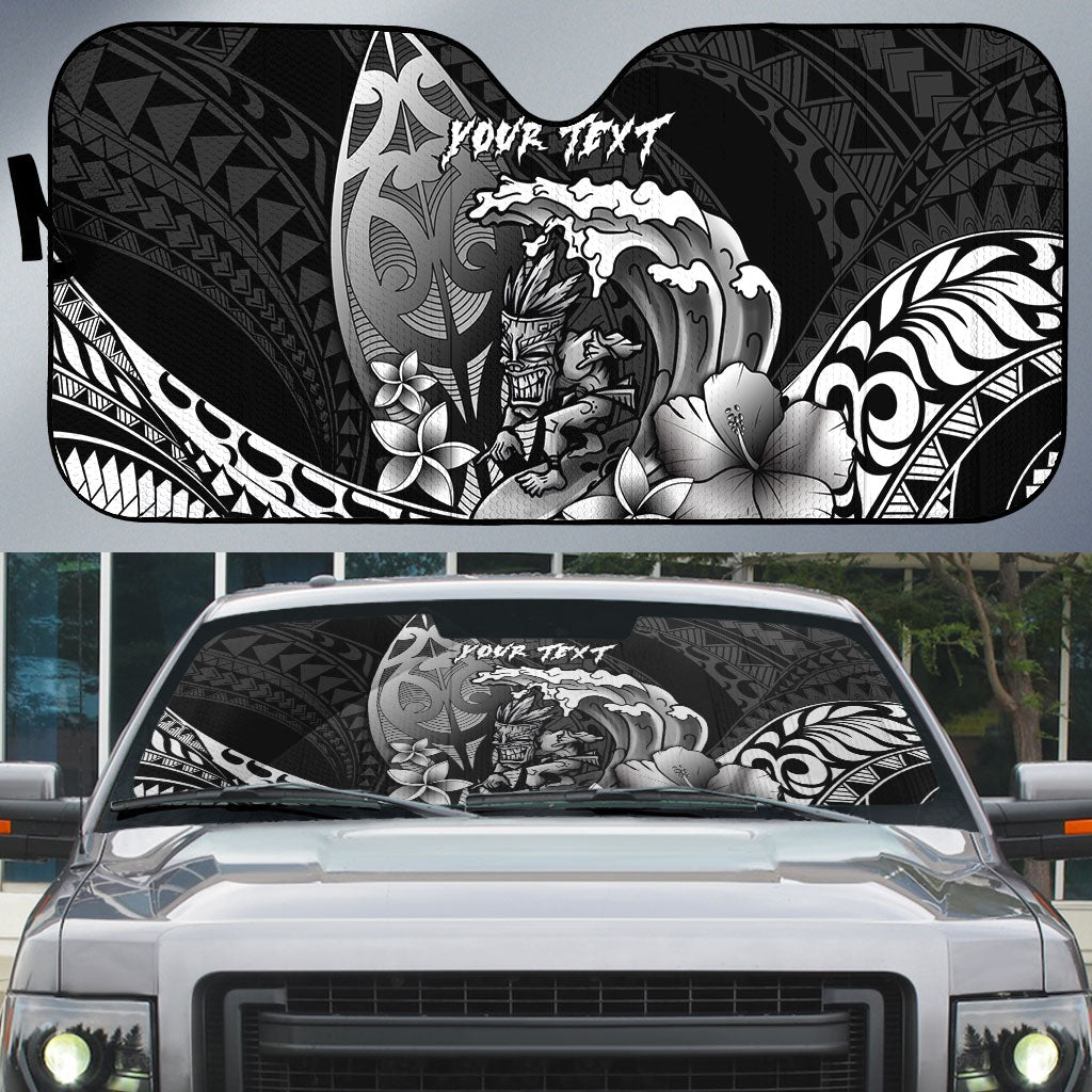 Hawaii Surfing Personalized Auto Sun Shade Born To Surf Tiki Hawaiian Pattern LT14 Black - Polynesian Pride
