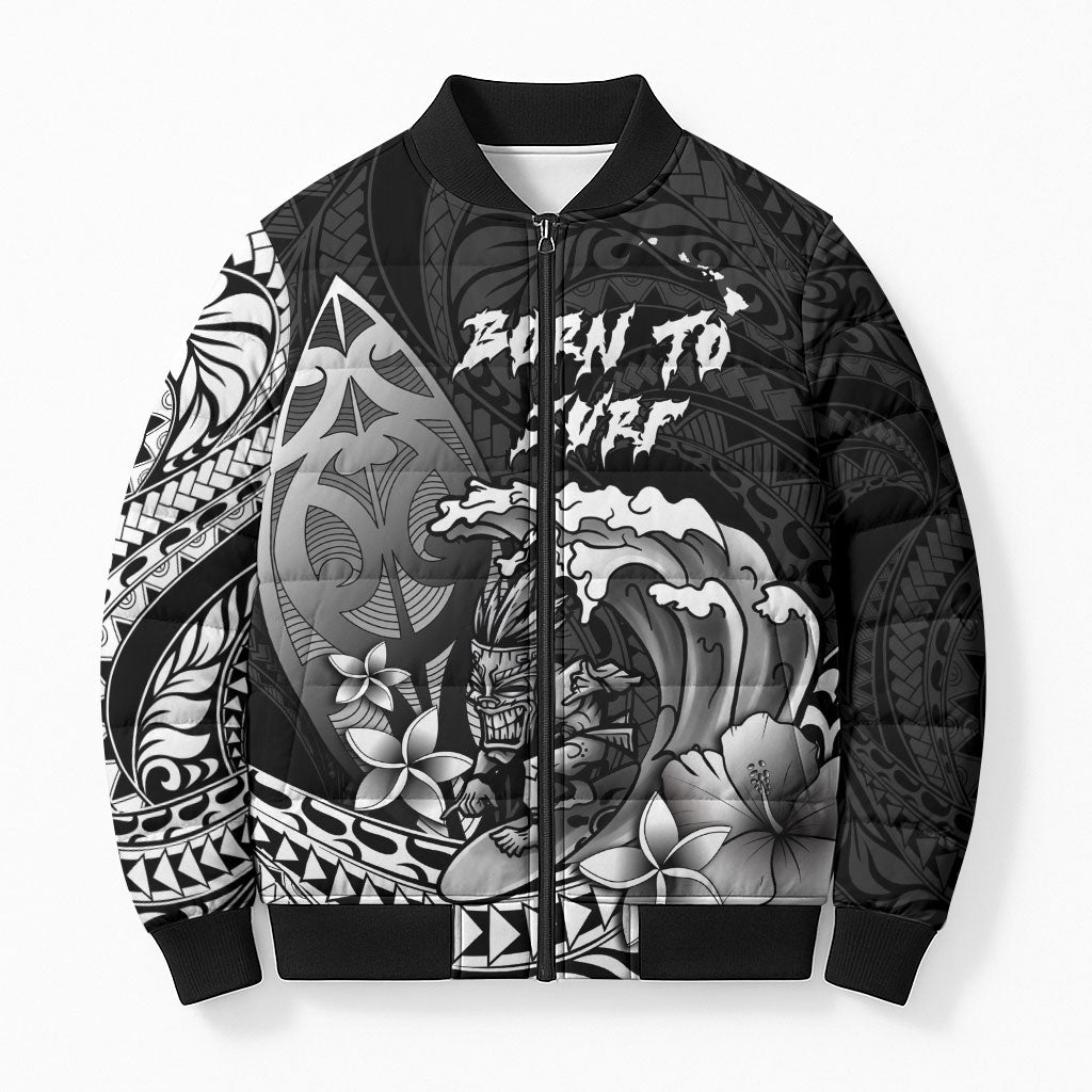 Hawaii Surfing Personalized Bomber Puffer Jacket Born To Surf Tiki Hawaiian Pattern LT14 Unisex Black - Polynesian Pride