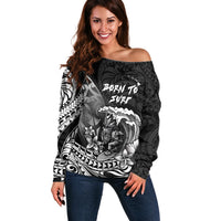 Hawaii Surfing Personalized Off Shoulder Sweater Born To Surf Tiki Hawaiian Pattern LT14 Women Black - Polynesian Pride