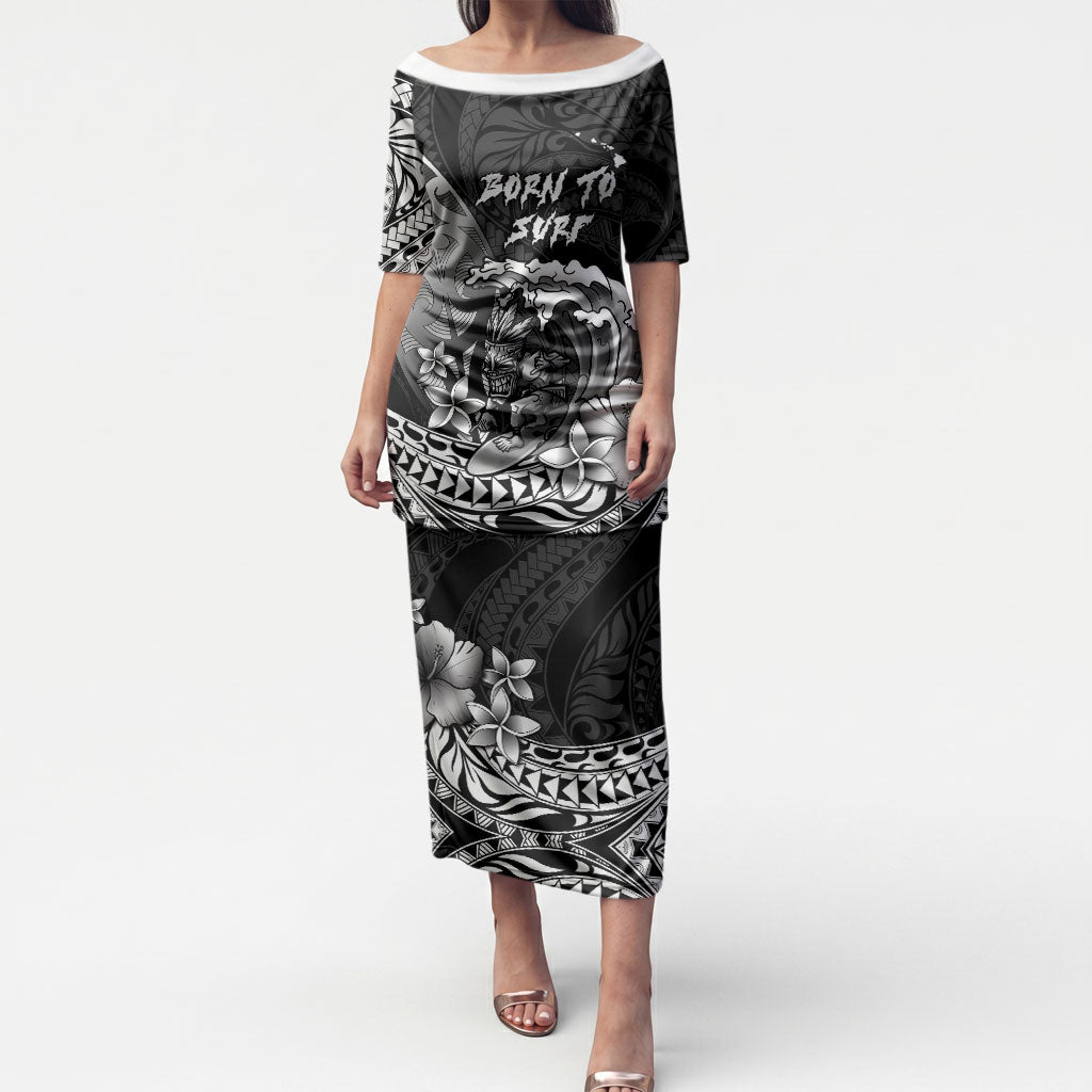 Hawaii Surfing Personalized Puletasi Born To Surf Tiki Hawaiian Pattern LT14 Long Dress Black - Polynesian Pride