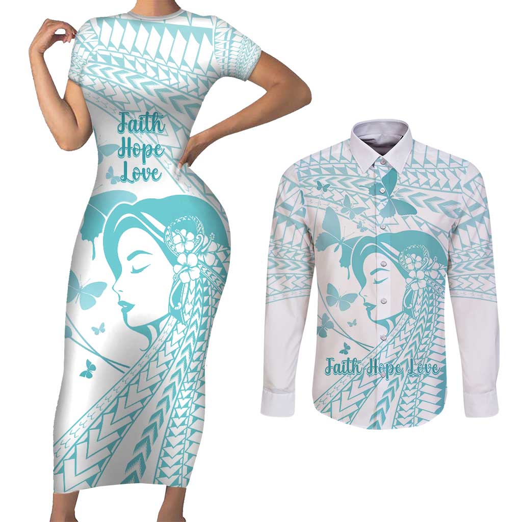 Polynesia Cervical Cancer Awareness Month Couples Matching Short Sleeve Bodycon Dress and Long Sleeve Button Shirt Polynesian Women Faith Hope Love!