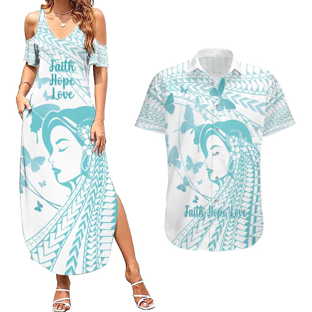 Polynesia Cervical Cancer Awareness Month Couples Matching Summer Maxi Dress and Hawaiian Shirt Polynesian Women Faith Hope Love!