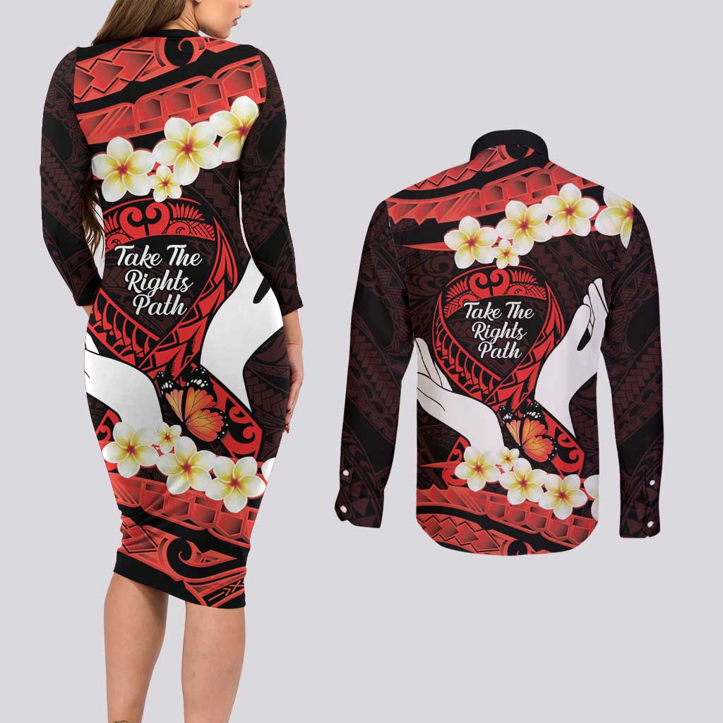 Polynesia AIDS Awareness Month Couples Matching Long Sleeve Bodycon Dress and Long Sleeve Button Shirt Take The Rights Path Polynesian Pattern