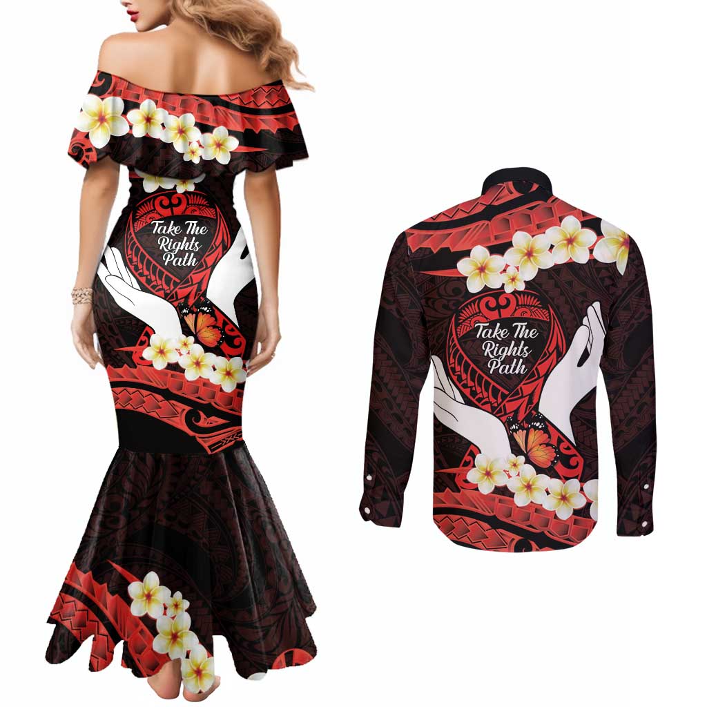 Polynesia AIDS Awareness Month Couples Matching Mermaid Dress and Long Sleeve Button Shirt Take The Rights Path Polynesian Pattern