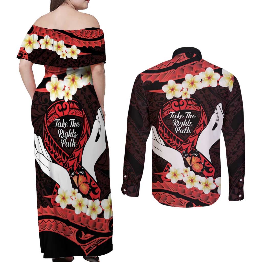 Polynesia AIDS Awareness Month Couples Matching Off Shoulder Maxi Dress and Long Sleeve Button Shirt Take The Rights Path Polynesian Pattern