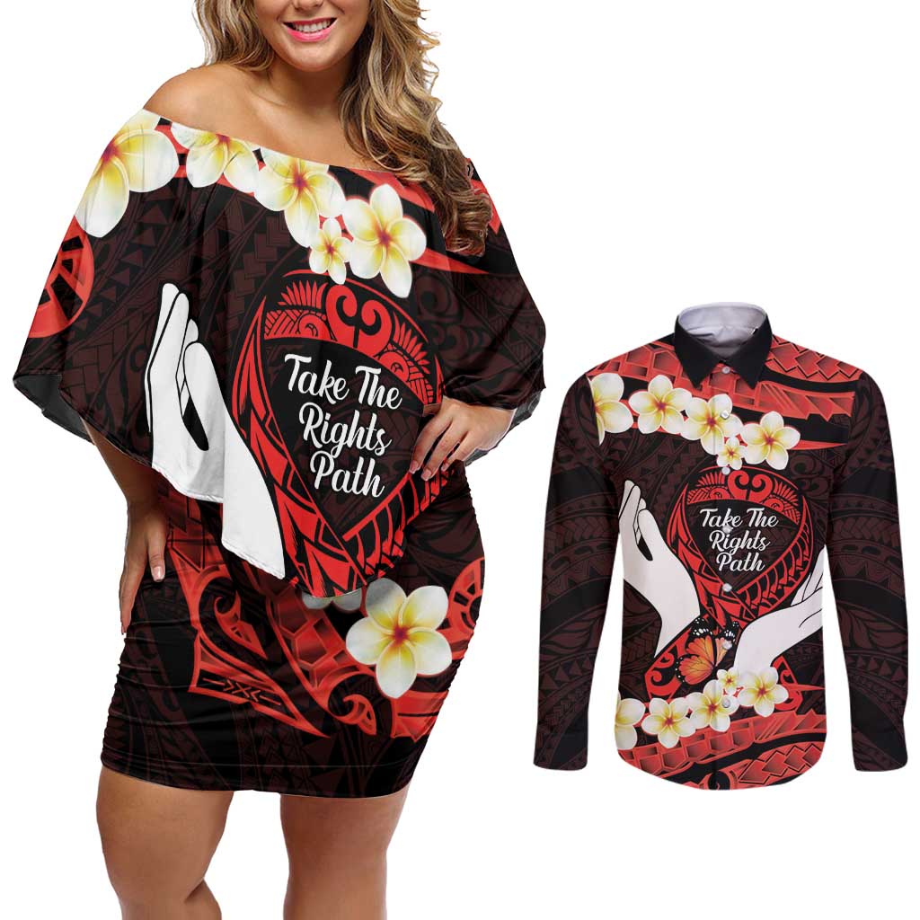 Polynesia AIDS Awareness Month Couples Matching Off Shoulder Short Dress and Long Sleeve Button Shirt Take The Rights Path Polynesian Pattern