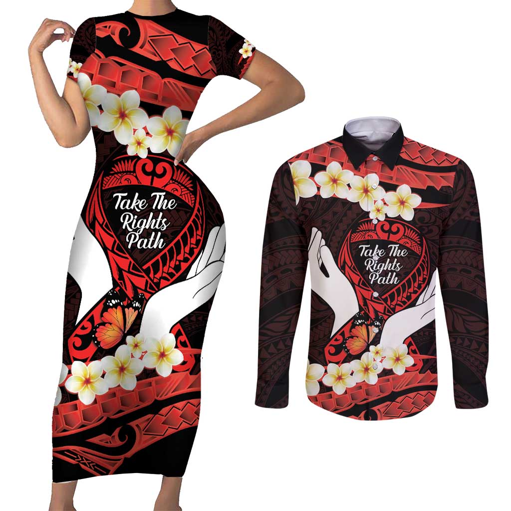 Polynesia AIDS Awareness Month Couples Matching Short Sleeve Bodycon Dress and Long Sleeve Button Shirt Take The Rights Path Polynesian Pattern