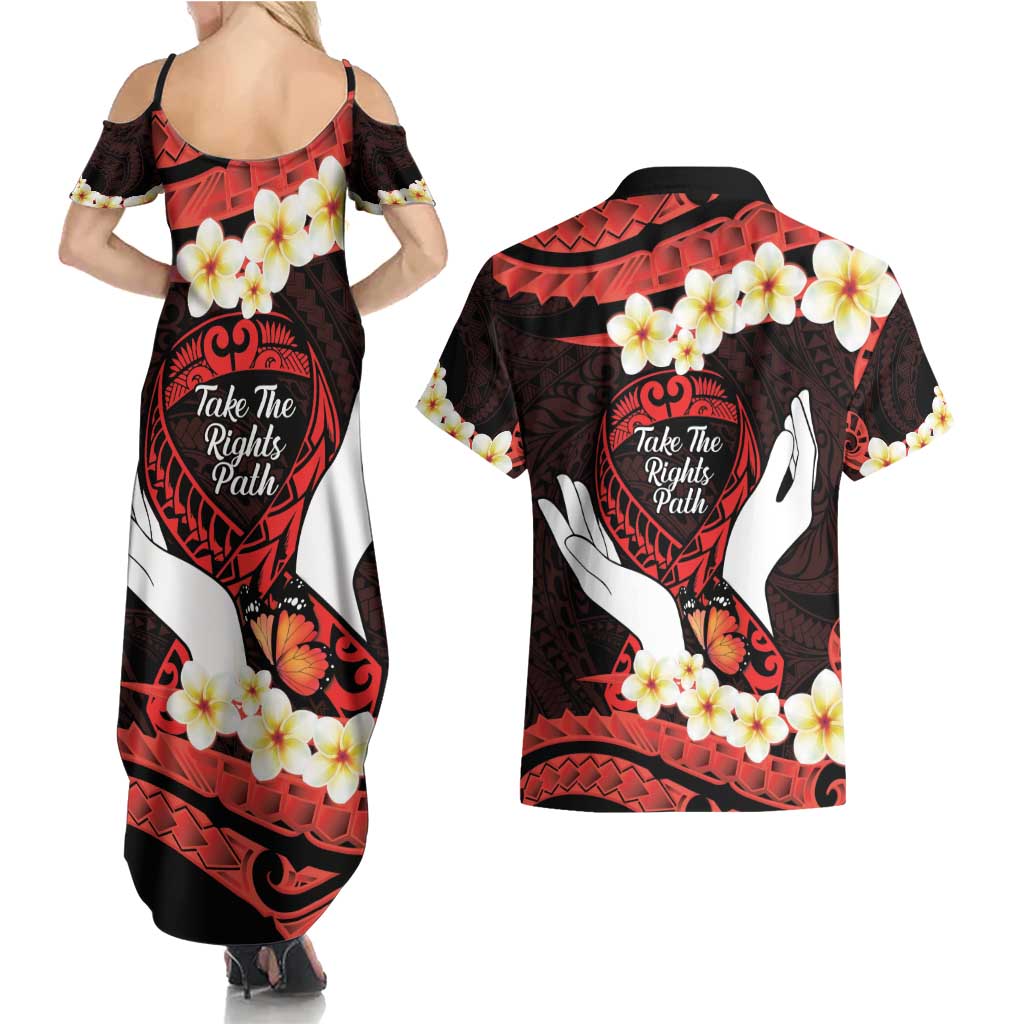 Polynesia AIDS Awareness Month Couples Matching Summer Maxi Dress and Hawaiian Shirt Take The Rights Path Polynesian Pattern