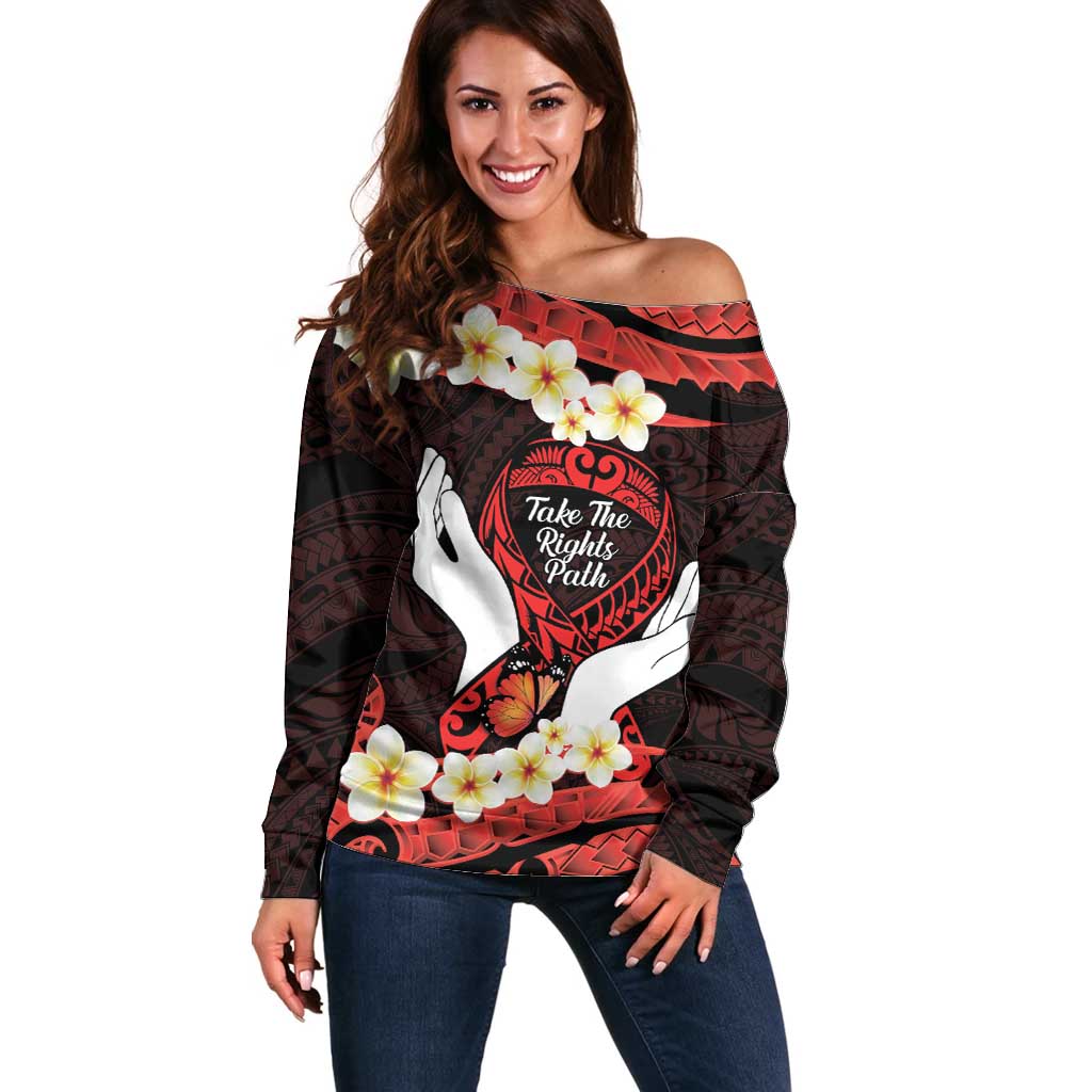 Polynesia AIDS Awareness Month Off Shoulder Sweater Take The Rights Path Polynesian Pattern