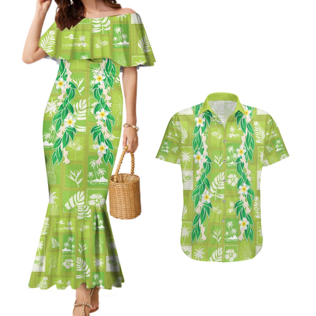 Aloha Hawaii Tuberose Lei Couples Matching Mermaid Dress and Hawaiian Shirt Tropical Vibes Green Color - Polynesian Pride