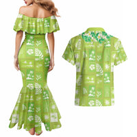 Aloha Hawaii Tuberose Lei Couples Matching Mermaid Dress and Hawaiian Shirt Tropical Vibes Green Color - Polynesian Pride