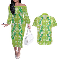 Aloha Hawaii Tuberose Lei Couples Matching Off The Shoulder Long Sleeve Dress and Hawaiian Shirt Tropical Vibes Green Color - Polynesian Pride