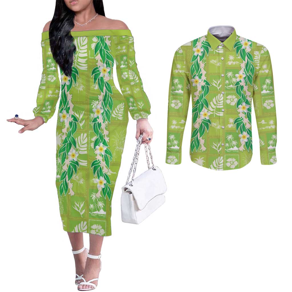 Aloha Hawaii Tuberose Lei Couples Matching Off The Shoulder Long Sleeve Dress and Long Sleeve Button Shirt Tropical Vibes Green Color - Polynesian Pride