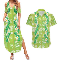 Aloha Hawaii Tuberose Lei Couples Matching Summer Maxi Dress and Hawaiian Shirt Tropical Vibes Green Color - Polynesian Pride