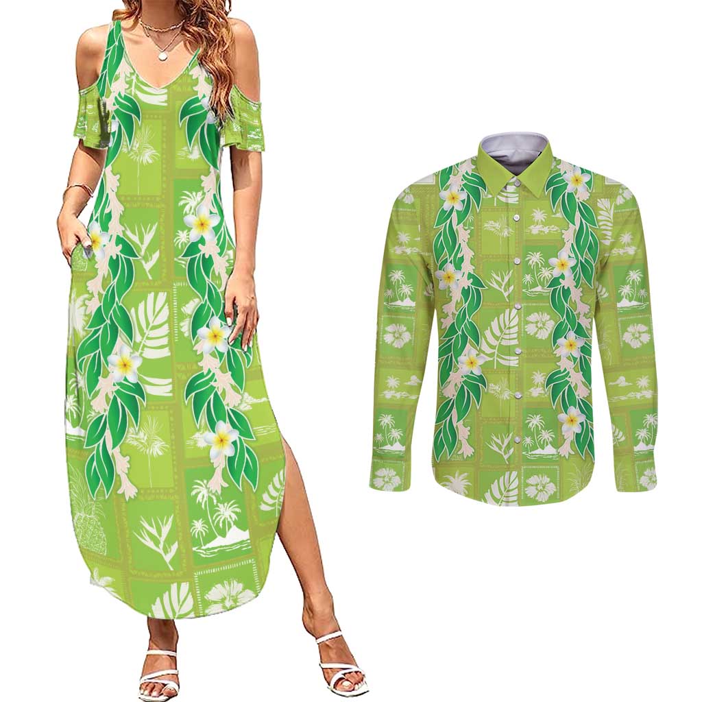 Aloha Hawaii Tuberose Lei Couples Matching Summer Maxi Dress and Long Sleeve Button Shirt Tropical Vibes Green Color - Polynesian Pride