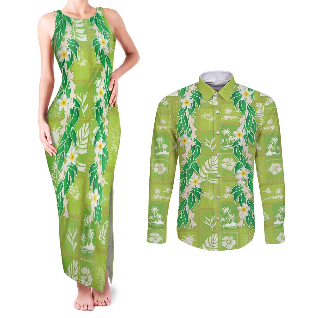 Aloha Hawaii Tuberose Lei Couples Matching Tank Maxi Dress and Long Sleeve Button Shirt Tropical Vibes Green Color - Polynesian Pride