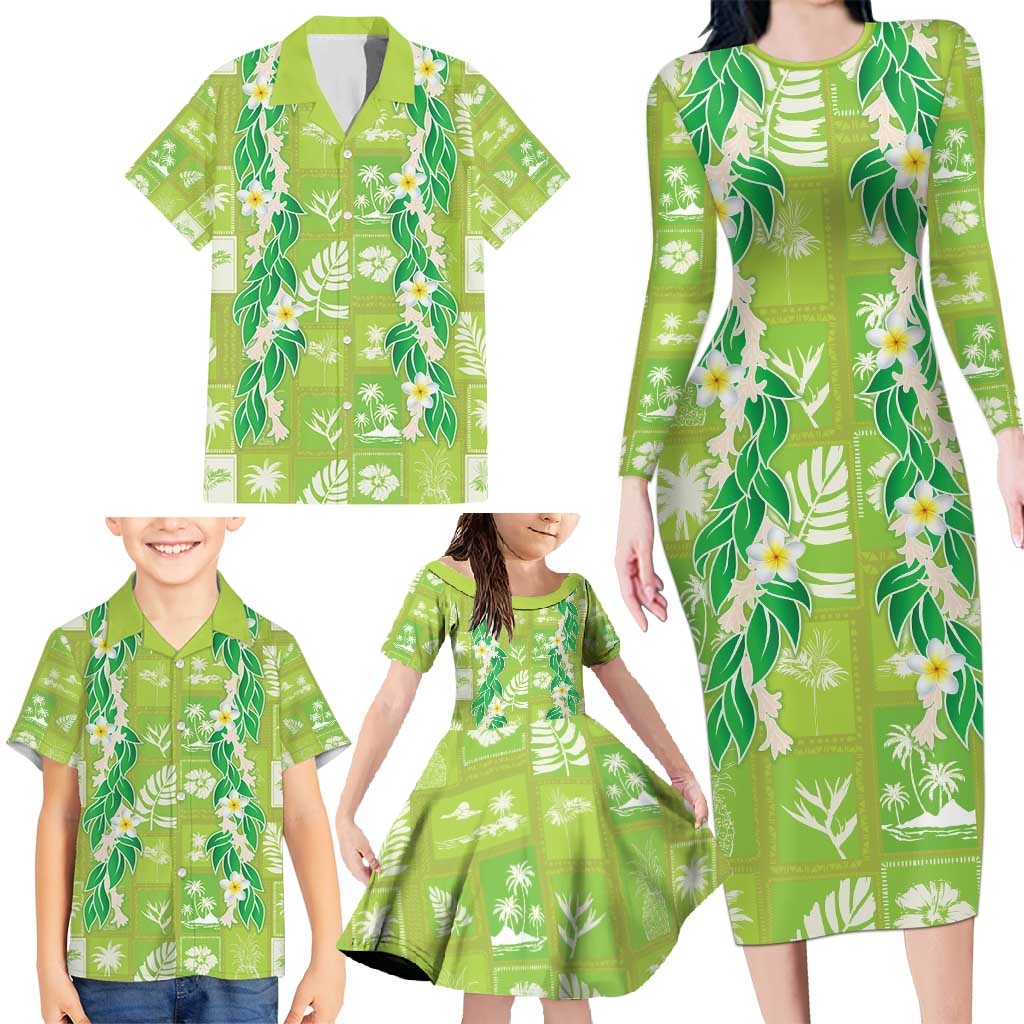 Aloha Hawaii Tuberose Lei Family Matching Long Sleeve Bodycon Dress and Hawaiian Shirt Tropical Vibes Green Color - Polynesian Pride