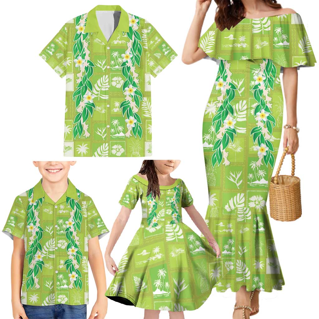 Aloha Hawaii Tuberose Lei Family Matching Mermaid Dress and Hawaiian Shirt Tropical Vibes Green Color - Polynesian Pride