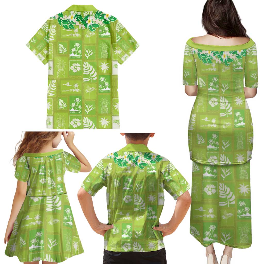 Aloha Hawaii Tuberose Lei Family Matching Puletasi and Hawaiian Shirt Tropical Vibes Green Color - Polynesian Pride