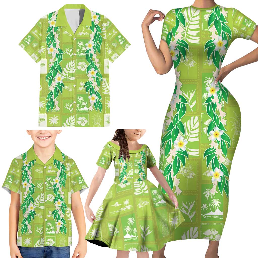 Aloha Hawaii Tuberose Lei Family Matching Short Sleeve Bodycon Dress and Hawaiian Shirt Tropical Vibes Green Color - Polynesian Pride
