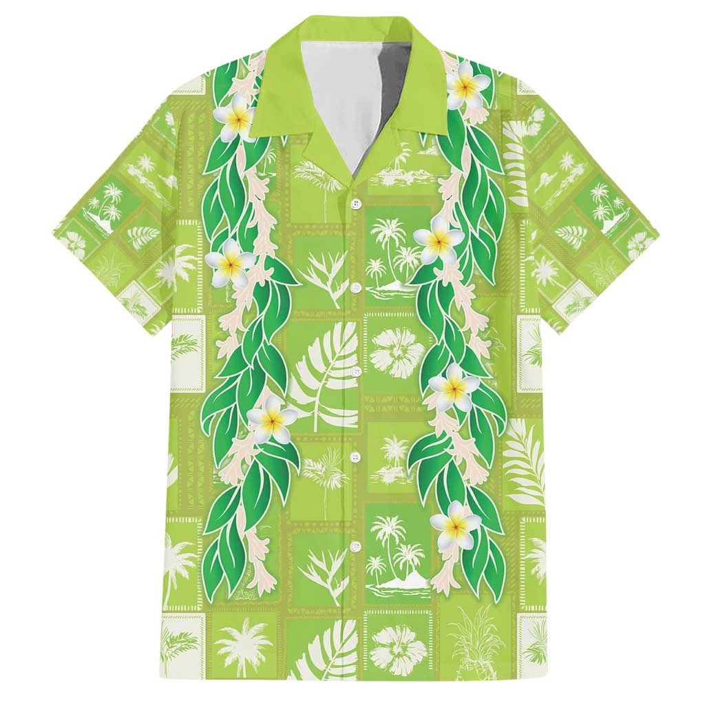 Aloha Hawaii Tuberose Lei Family Matching Short Sleeve Bodycon Dress and Hawaiian Shirt Tropical Vibes Green Color - Polynesian Pride