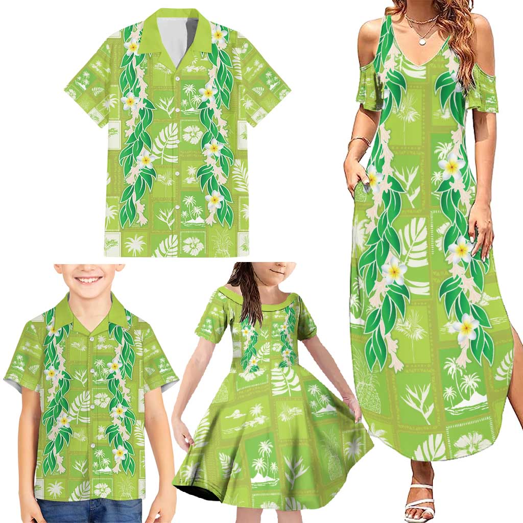 Aloha Hawaii Tuberose Lei Family Matching Summer Maxi Dress and Hawaiian Shirt Tropical Vibes Green Color - Polynesian Pride