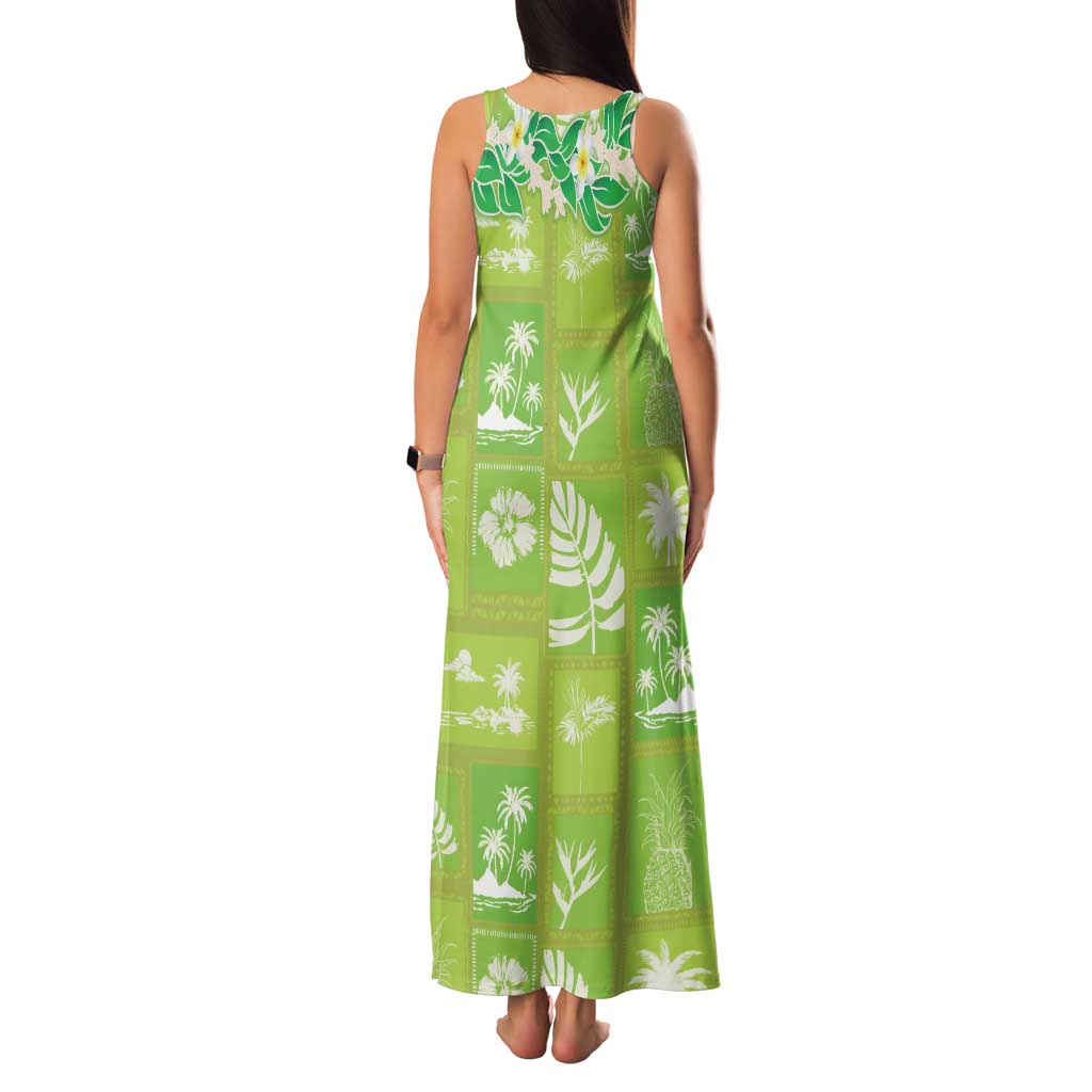 Aloha Hawaii Tuberose Lei Family Matching Tank Maxi Dress and Hawaiian Shirt Tropical Vibes Green Color - Polynesian Pride