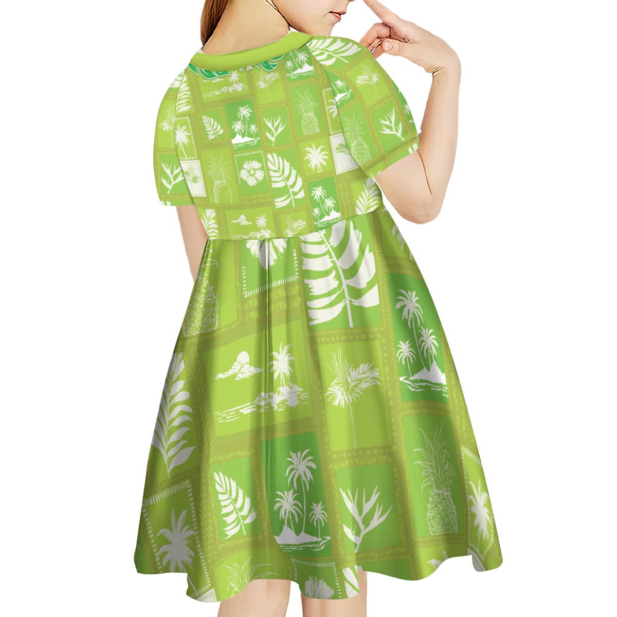 Aloha Hawaii Tuberose Lei Kid Short Sleeve Dress Tropical Vibes Green Color - Polynesian Pride
