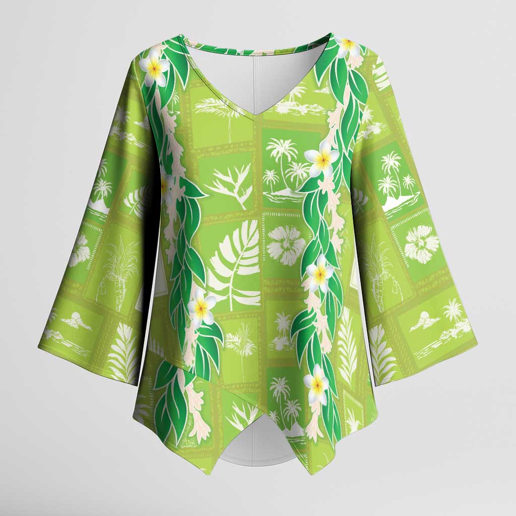 Aloha Hawaii Tuberose Lei Kimono Sleeve Blouse Tropical Vibes Green Color - Polynesian Pride