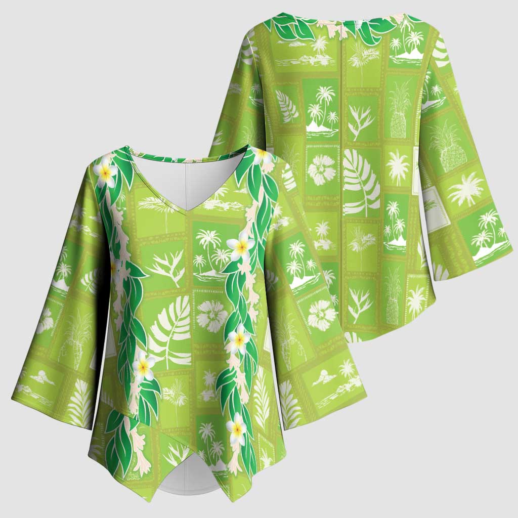 Aloha Hawaii Tuberose Lei Kimono Sleeve Blouse Tropical Vibes Green Color - Polynesian Pride