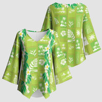 Aloha Hawaii Tuberose Lei Kimono Sleeve Blouse Tropical Vibes Green Color - Polynesian Pride