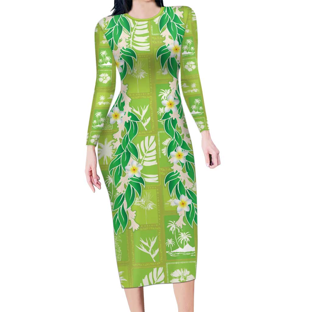 Aloha Hawaii Tuberose Lei Long Sleeve Bodycon Dress Tropical Vibes Green Color - Polynesian Pride