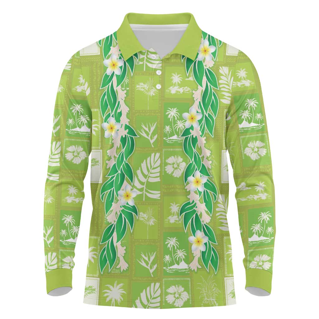 Aloha Hawaii Tuberose Lei Long Sleeve Polo Shirt Tropical Vibes Green Color - Polynesian Pride