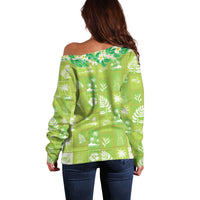 Aloha Hawaii Tuberose Lei Off Shoulder Sweater Tropical Vibes Green Color - Polynesian Pride
