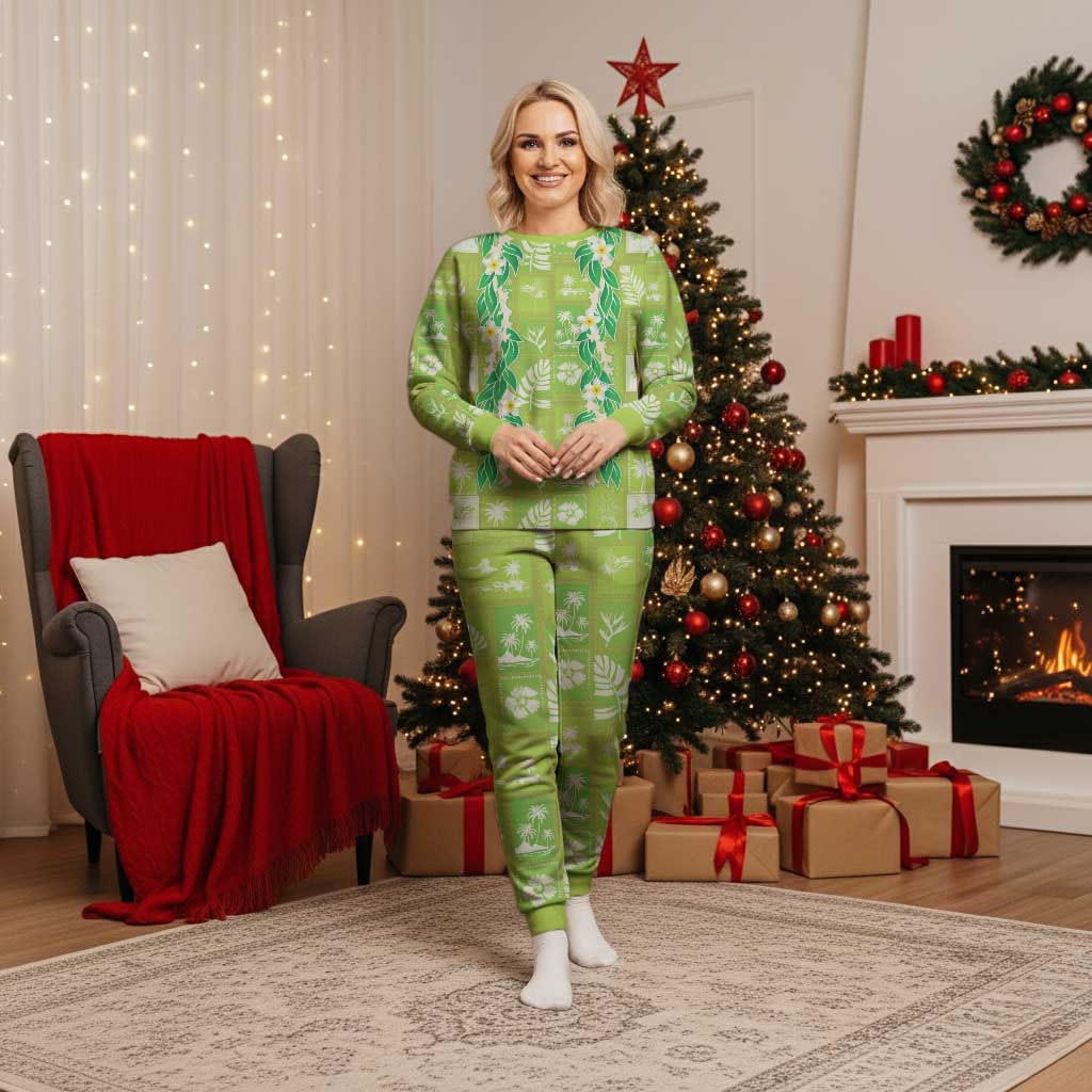 Aloha Hawaii Tuberose Lei Christmas Pajama Set Tropical Vibes Green Color - Polynesian Pride