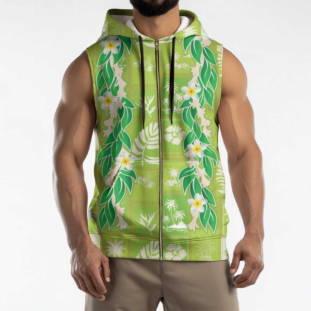 Aloha Hawaii Tuberose Lei Sleeveless Zip Hoodie Tropical Vibes Green Color - Polynesian Pride