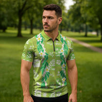 Aloha Hawaii Tuberose Lei Zipper Polo Shirt Tropical Vibes Green Color - Polynesian Pride