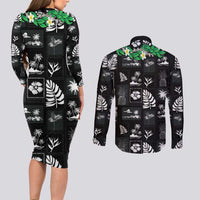 Aloha Hawaii Tuberose Lei Couples Matching Long Sleeve Bodycon Dress and Long Sleeve Button Shirt Tropical Vibes Black Color - Polynesian Pride