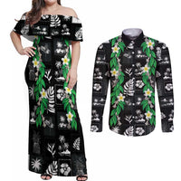 Aloha Hawaii Tuberose Lei Couples Matching Off Shoulder Maxi Dress and Long Sleeve Button Shirt Tropical Vibes Black Color - Polynesian Pride