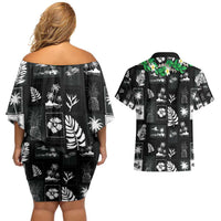 Aloha Hawaii Tuberose Lei Couples Matching Off Shoulder Short Dress and Hawaiian Shirt Tropical Vibes Black Color - Polynesian Pride