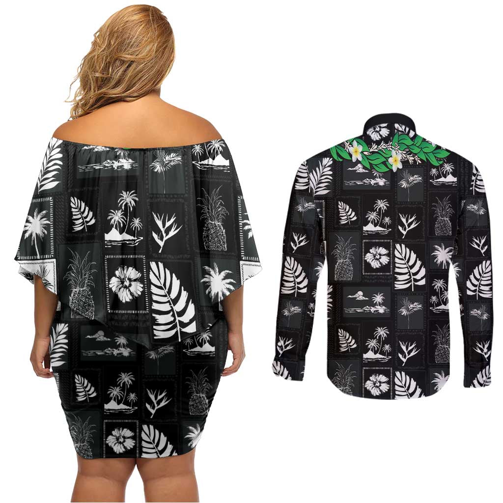 Aloha Hawaii Tuberose Lei Couples Matching Off Shoulder Short Dress and Long Sleeve Button Shirt Tropical Vibes Black Color - Polynesian Pride